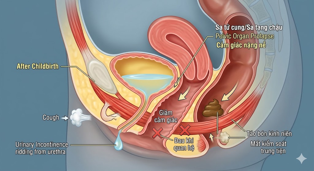 sàn chậu- tiết niệu - sau sinh - thay đổi
